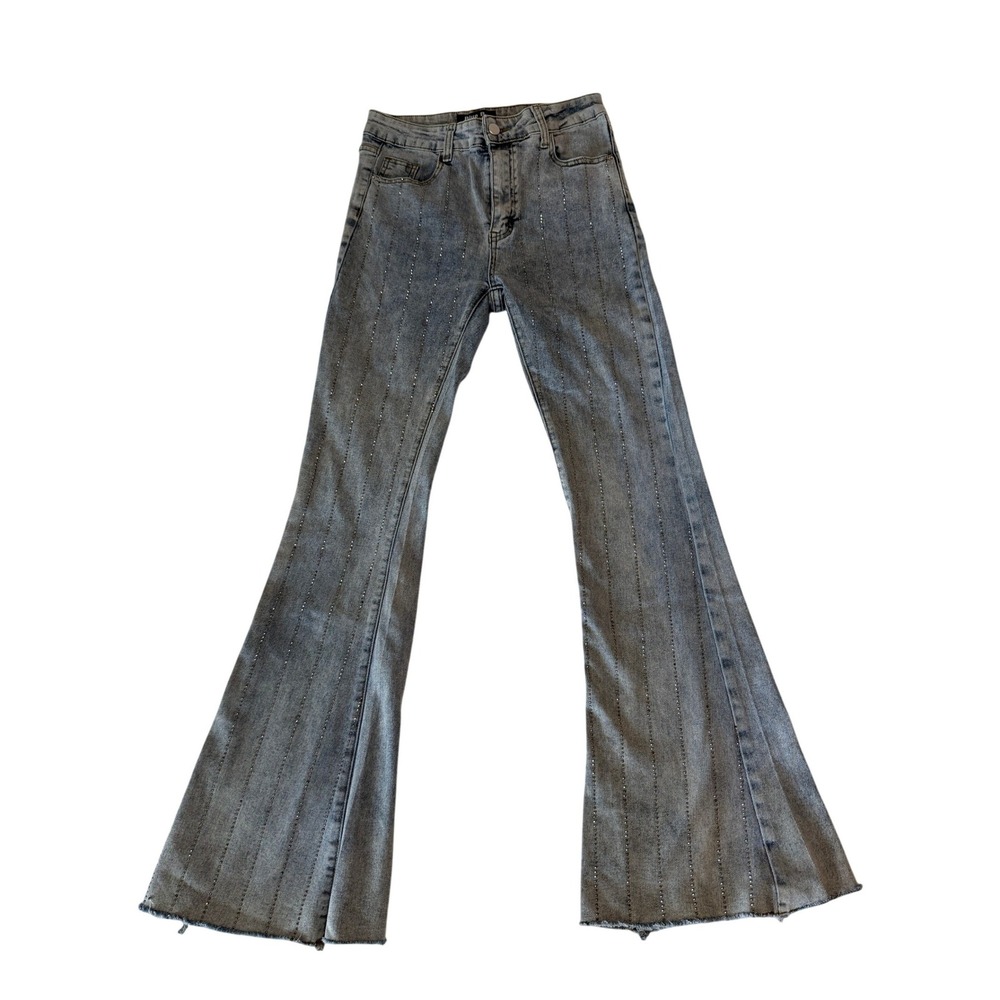 Blue B Collection Rhinestone Pinstripe Flare Jeans Light Wash Raw Hem Size S
